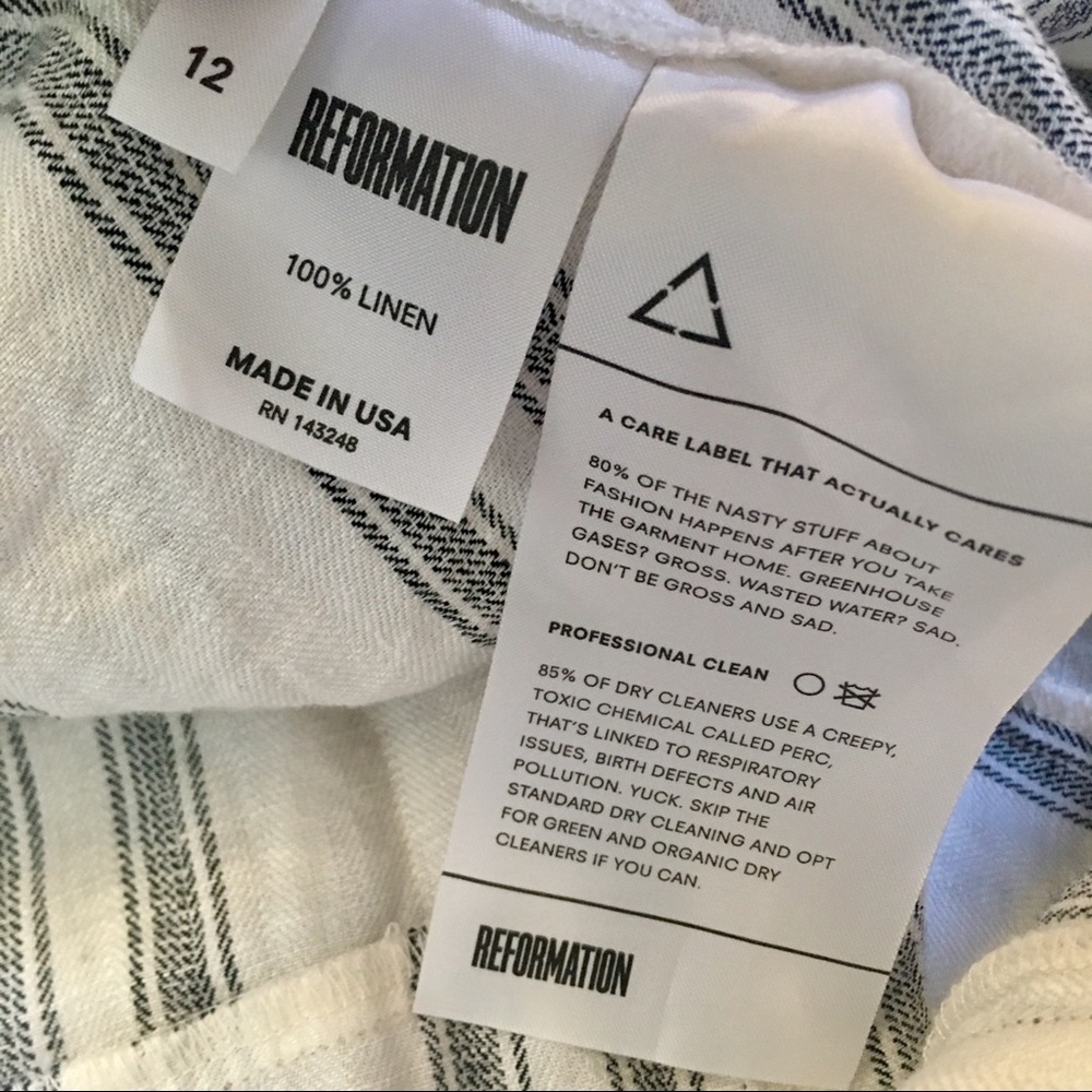 Reformation Arnaut off shoulder arm ties white black striped linen mini dress - Picture 8 of 9